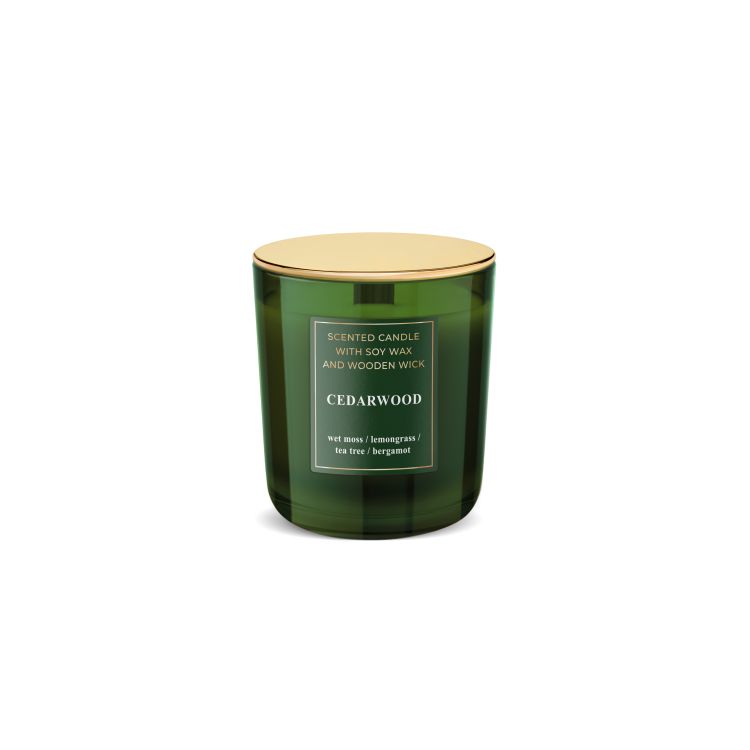 Świeca zapachowa w szkle Wood  Cedarwood150g_GOLD_Lid.jpg